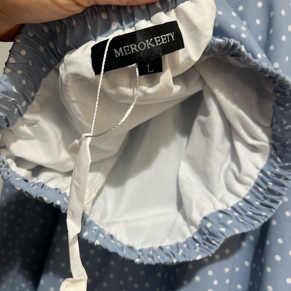 MEROKEETY Blue Polka Dot Midi Skirt